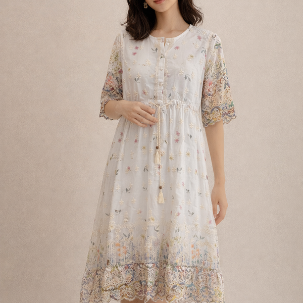 Ivory Bloom Embroidered Midi Dress