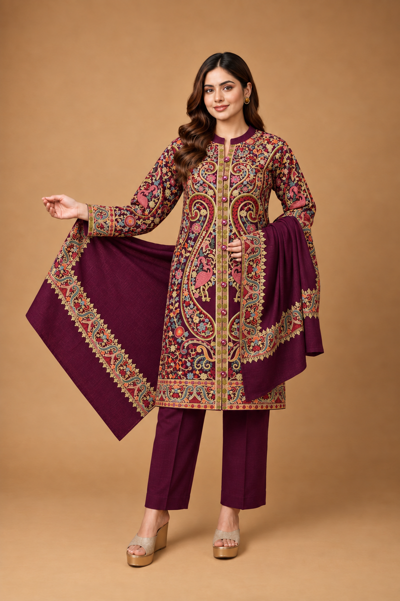 Premium Kashmiri Embroidered Kurta Pant & Shawl 3-Piece Set