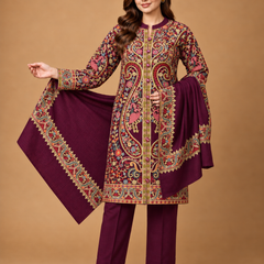 Premium Kashmiri Embroidered Kurta Pant & Shawl 3-Piece Set