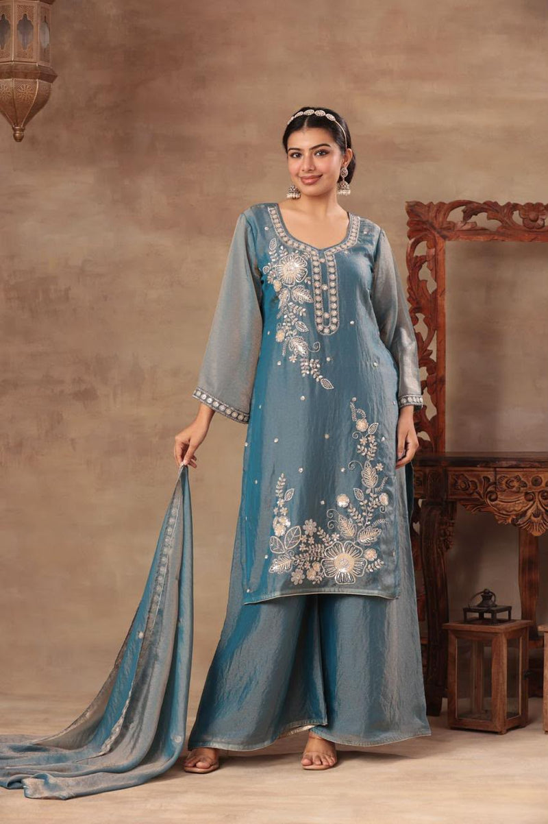 Women’s Steel Blue Embroidered Kurta Palazzo Set with Dupatta | Festive Ethnic Wear