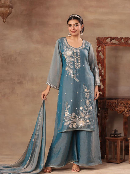 Women’s Steel Blue Embroidered Kurta Palazzo Set with Dupatta | Festive Ethnic Wear