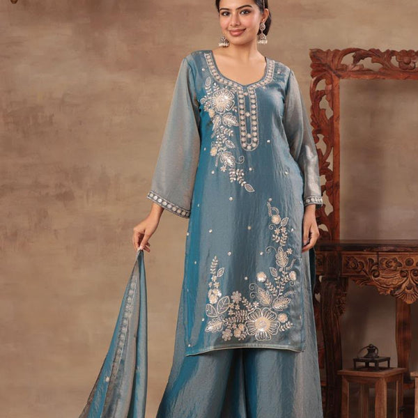 Women’s Steel Blue Embroidered Kurta Palazzo Set with Dupatta | Festive Ethnic Wear