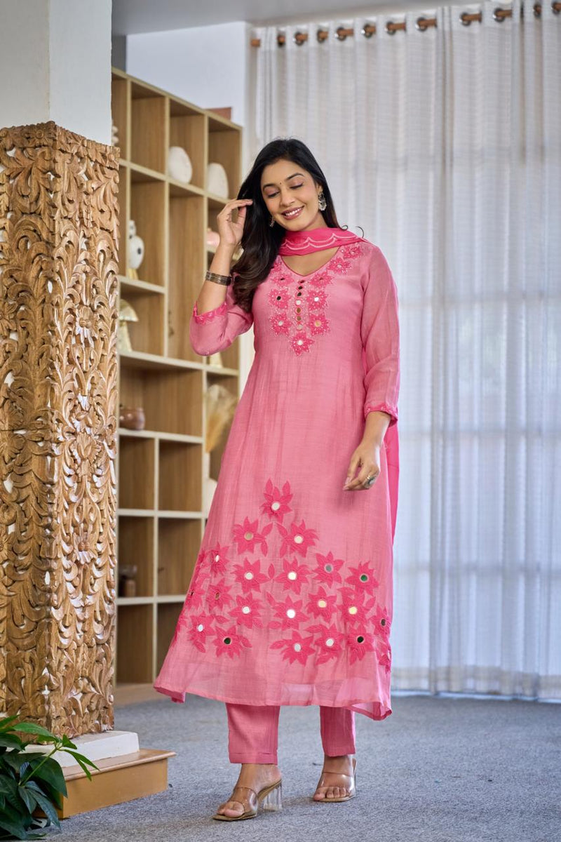 Premium Mul Chanderi Appliqué & Mirror Work Kurta Set with Dupatta
