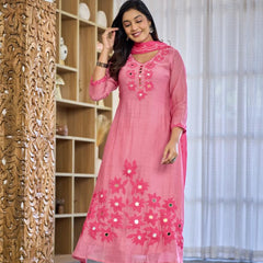 Premium Mul Chanderi Appliqué & Mirror Work Kurta Set with Dupatta