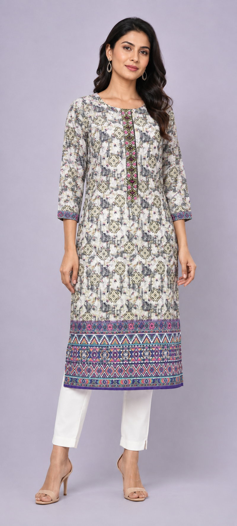 Women’s Beige Multi Floral Printed Straight Kurta