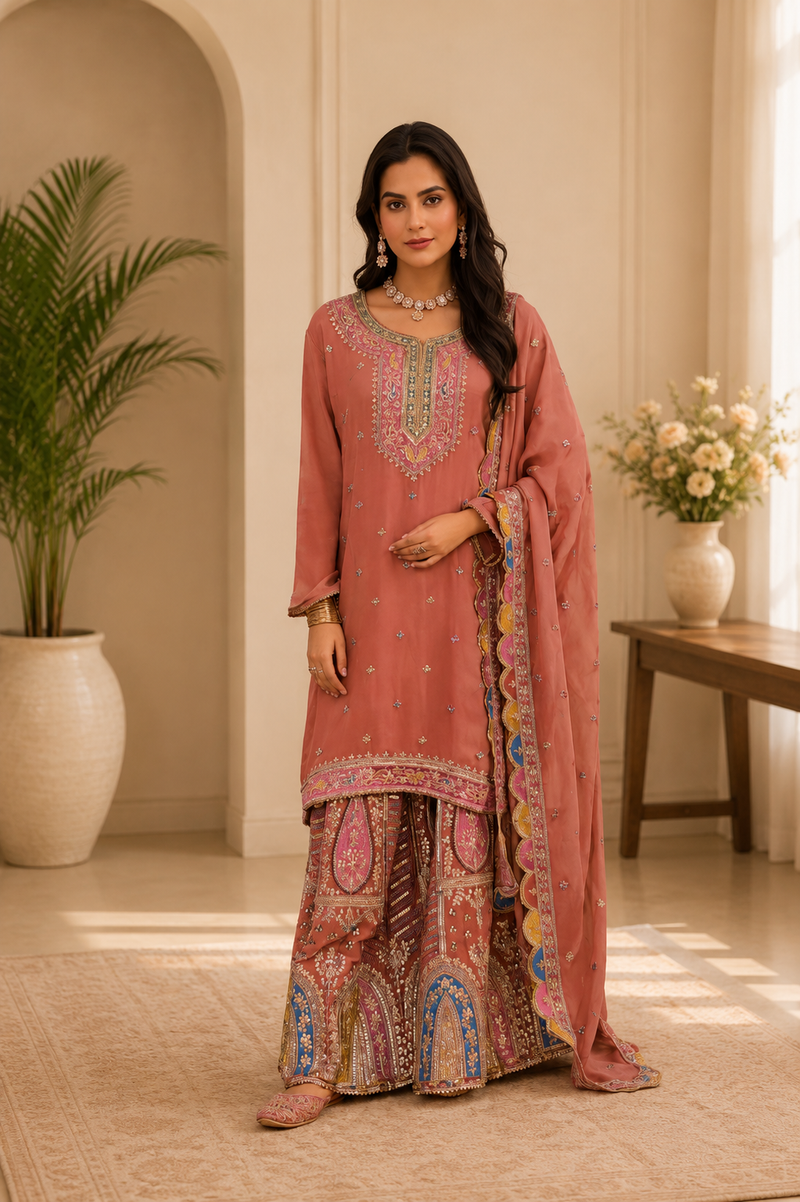 Women’s Charcoal Grey Embroidered Kurta with Printed Sharara & Dupatta | Designer Festive Ethnic Suit Set