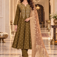 Wool Anarkali Suit Set with Gold Dupatta