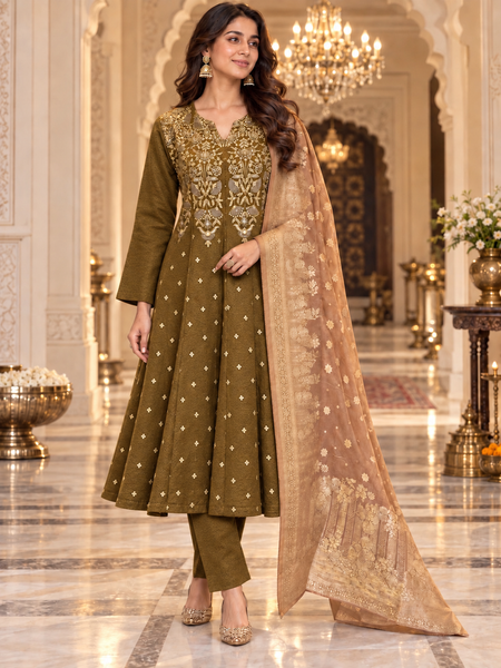 Wool Anarkali Suit Set with Gold Dupatta