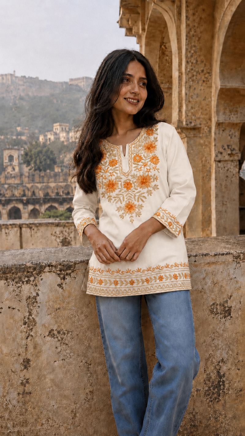 Ivory Floral Embroidered Short Kurti for Women