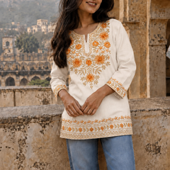 Ivory Floral Embroidered Short Kurti for Women