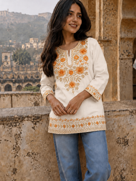Ivory Floral Embroidered Short Kurti for Women