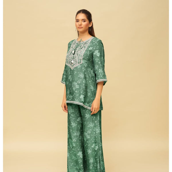 Women’s Printed Kurta Palazzo Set with Embroidered Neckline