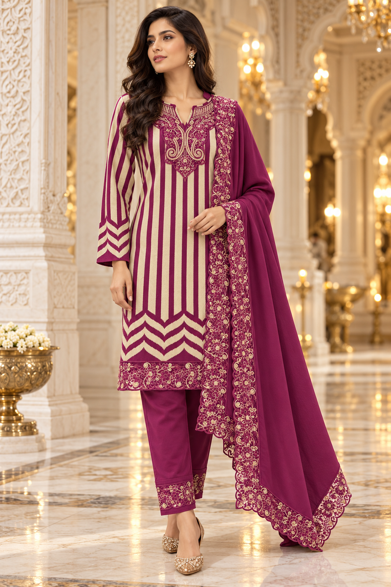 Embroidered Striped Winter 3-Piece Suit Set with Dupatta
