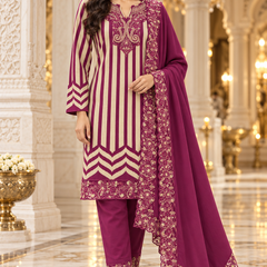 Embroidered Striped Winter 3-Piece Suit Set with Dupatta