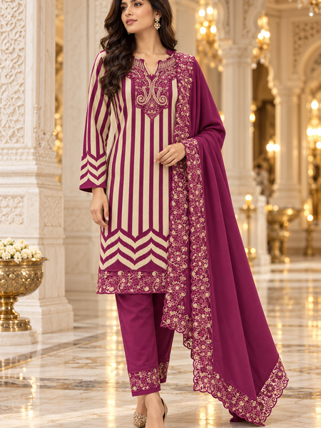 Embroidered Striped Winter 3-Piece Suit Set with Dupatta