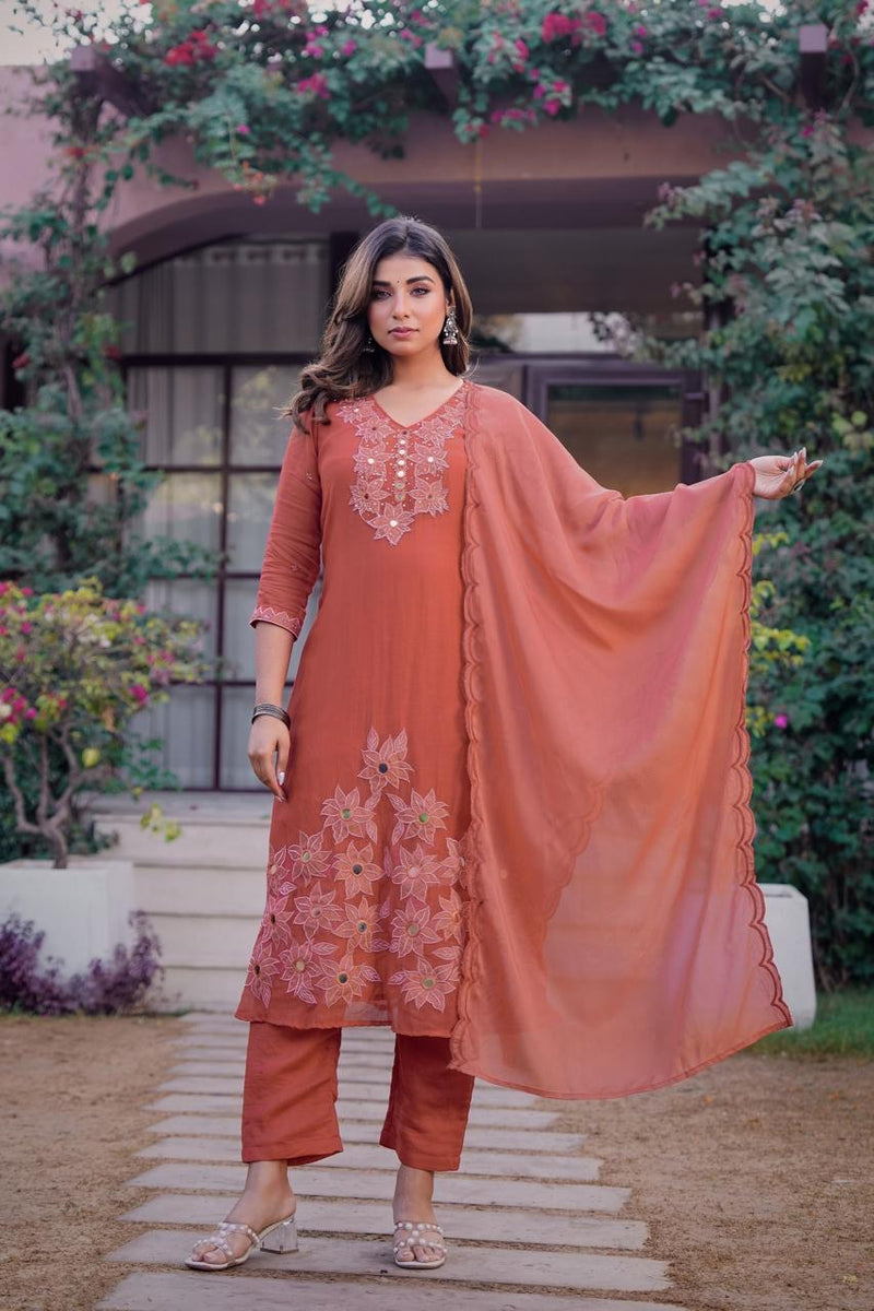 Premium Mul Chanderi Appliqué & Mirror Work Kurta Set with Dupatta