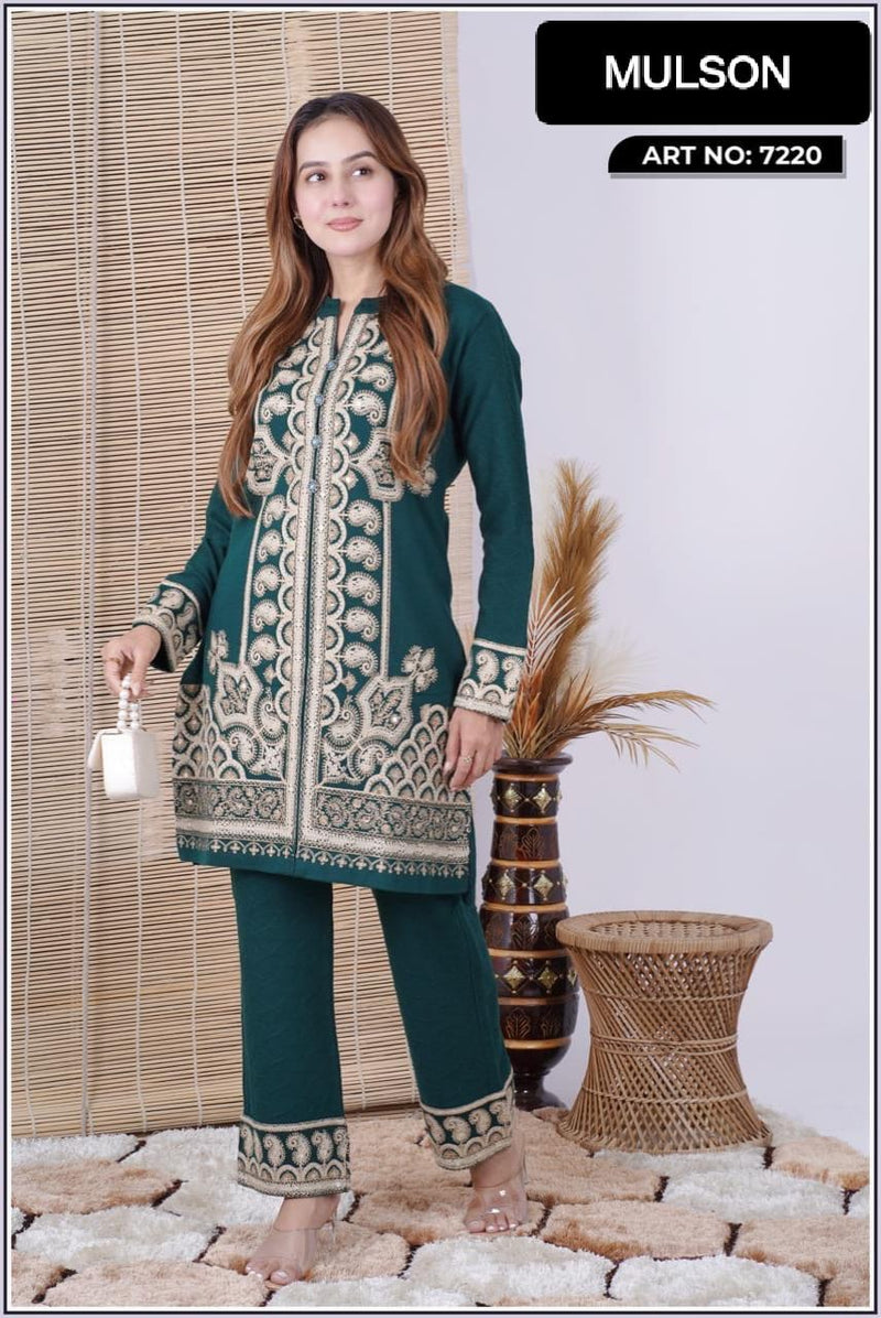 Wrap yourself in refined winter elegance with this premium wool embroidered set. Thoughtfully tailored for comfort and sophistication, this outfit features intricate hand-style embroidery that adds a luxurious ethnic charm. Perfect for graceful winter sty