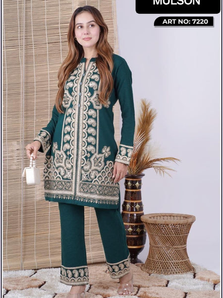 Wrap yourself in refined winter elegance with this premium wool embroidered set. Thoughtfully tailored for comfort and sophistication, this outfit features intricate hand-style embroidery that adds a luxurious ethnic charm. Perfect for graceful winter sty