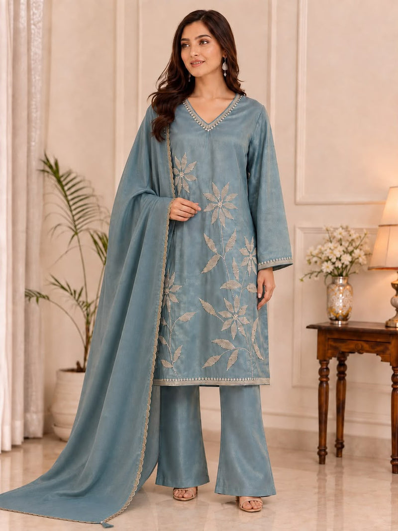 Women’s Dusty Rose Embroidered Kurta Palazzo Set with Dupatta | Elegant Festive Ethnic Wear
