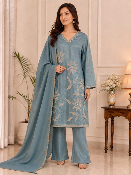 Women’s Dusty Rose Embroidered Kurta Palazzo Set with Dupatta | Elegant Festive Ethnic Wear