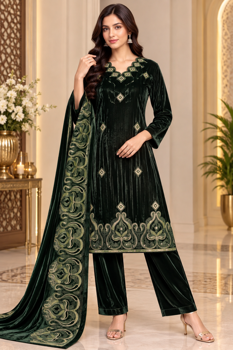 Embroidered Velvet 3-Piece Suit Set