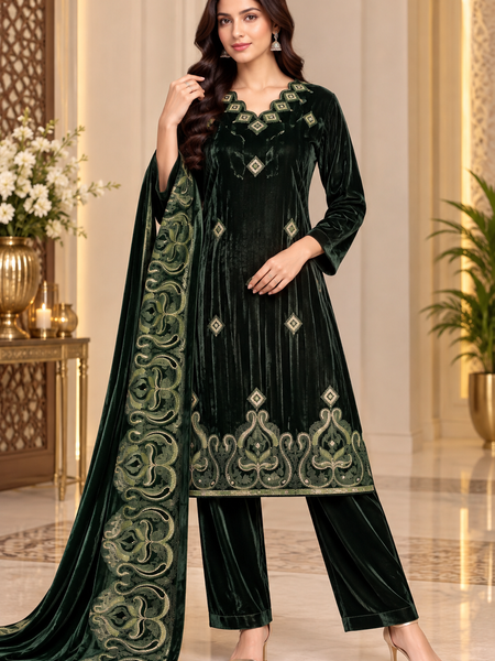 Embroidered Velvet 3-Piece Suit Set