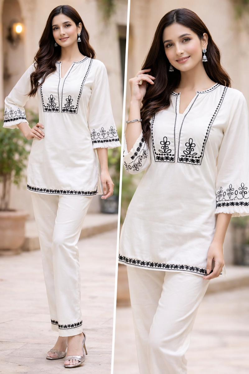 Elegant White and black Cotton Kurta Set with Black Embroidery – Semi-Formal Ethnic Wear for Women