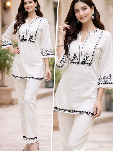 Elegant White and black Cotton Kurta Set with Black Embroidery – Semi-Formal Ethnic Wear for Women