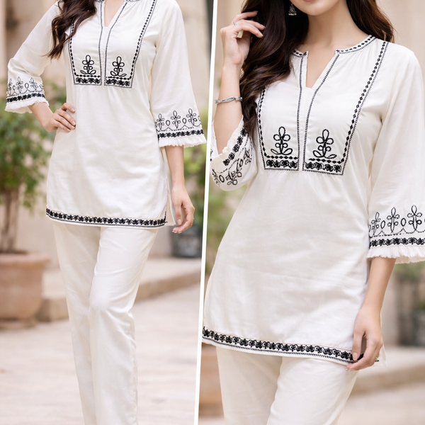 Elegant White and black Cotton Kurta Set with Black Embroidery – Semi-Formal Ethnic Wear for Women