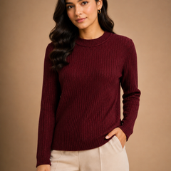 Women’s Chocolate Brown Ribbed Knit Round Neck Sweater