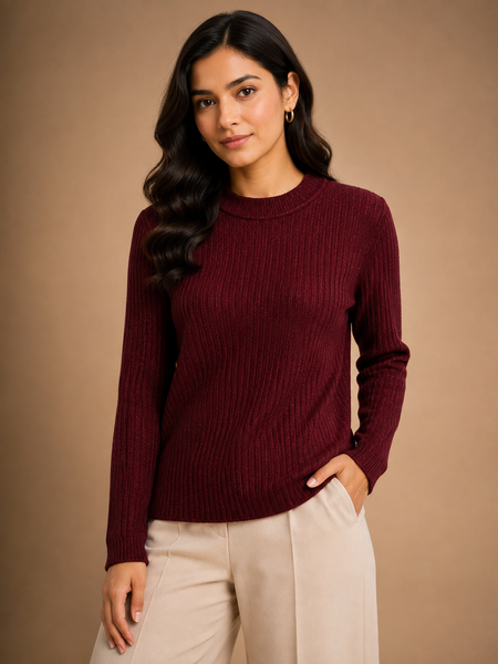 Women’s Chocolate Brown Ribbed Knit Round Neck Sweater