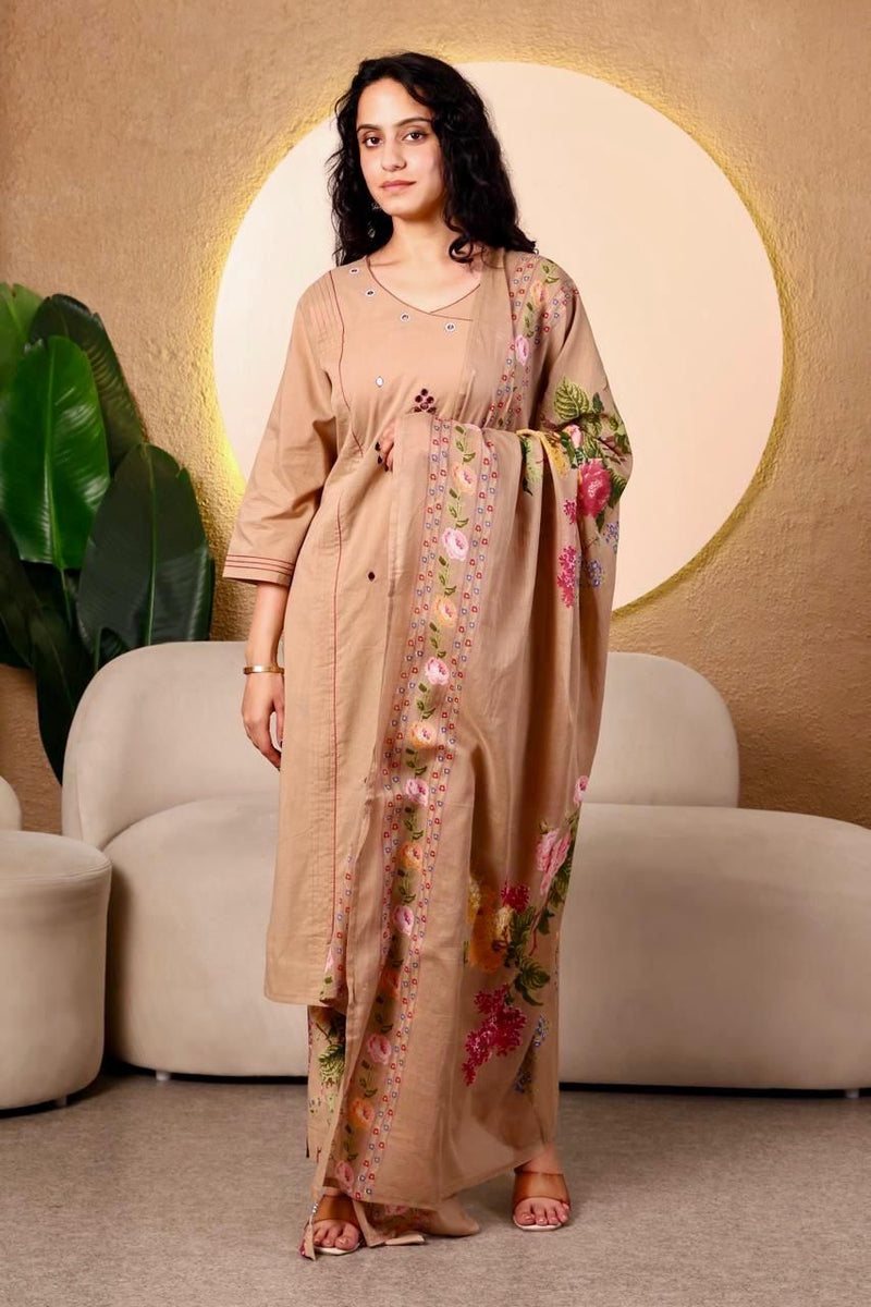 Beige Floral Printed Cotton Suit Set with Dupatta for Women | Elegant Everyday Ethnic Wear