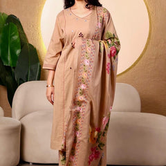 Beige Floral Printed Cotton Suit Set with Dupatta for Women | Elegant Everyday Ethnic Wear
