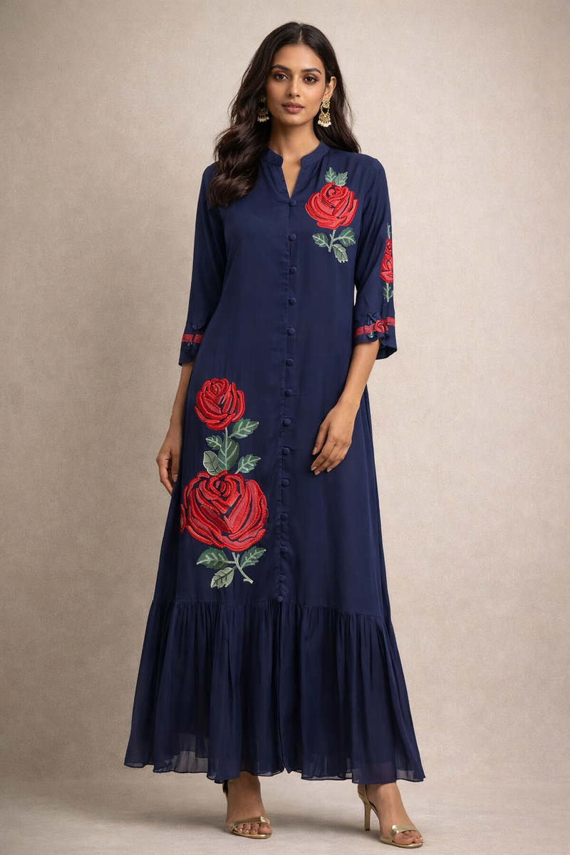 Elegant Navy Blue Floral Maxi Kurta.