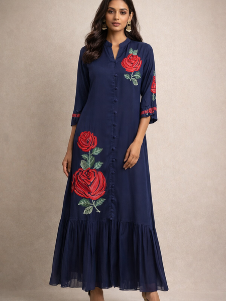 Elegant Navy Blue Floral Maxi Kurta.