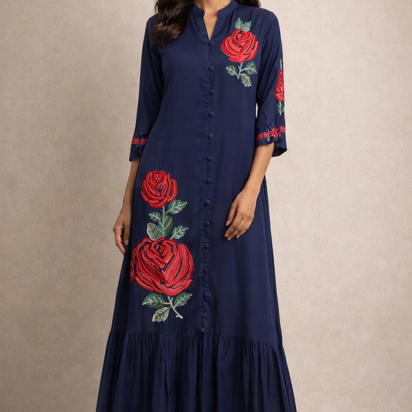 Elegant Navy Blue Floral Maxi Kurta.