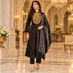 Velvet Embroidered 3-Piece Winter Suit Set with Dupatta