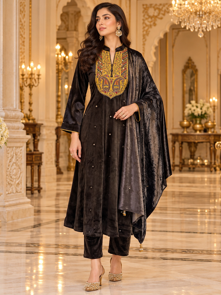 Velvet Embroidered 3-Piece Winter Suit Set with Dupatta