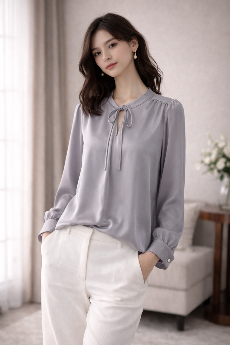 Elegant Tie-Neck Satin Top – Soft Grey