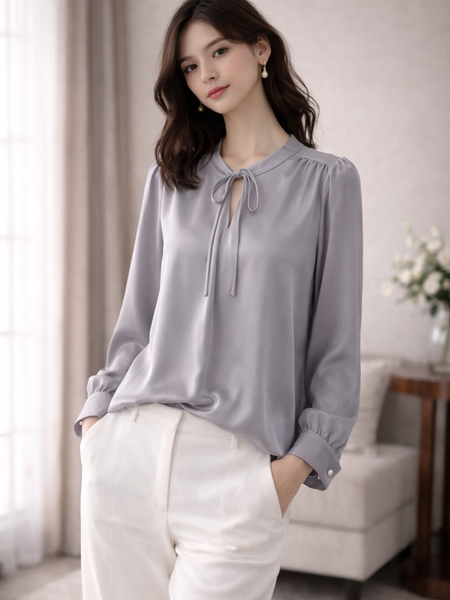 Elegant Tie-Neck Satin Top – Soft Grey