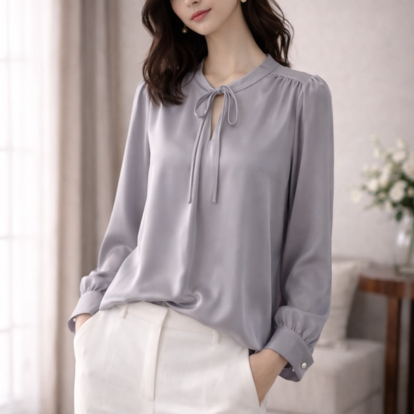 Elegant Tie-Neck Satin Top – Soft Grey