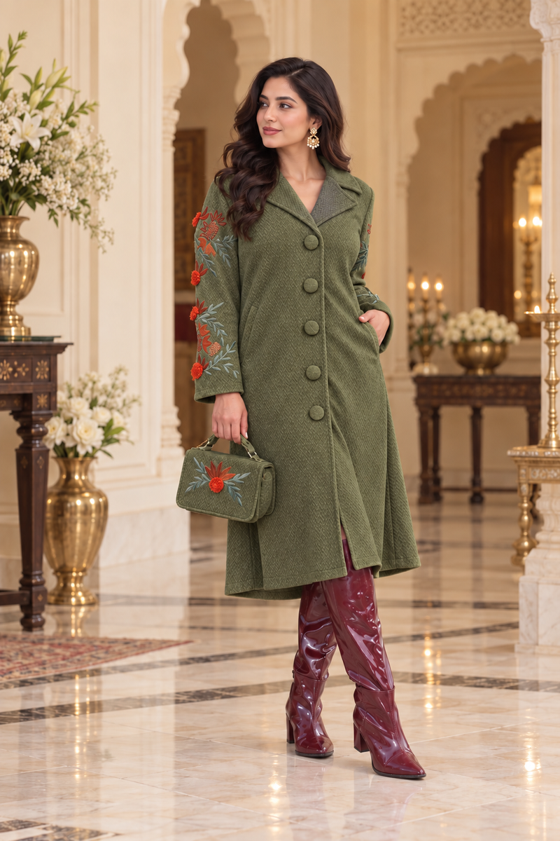 Floral Embroidered Long Winter Coat