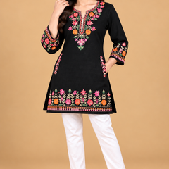 Multicolour Floral Embroidered Short Kurti for Women