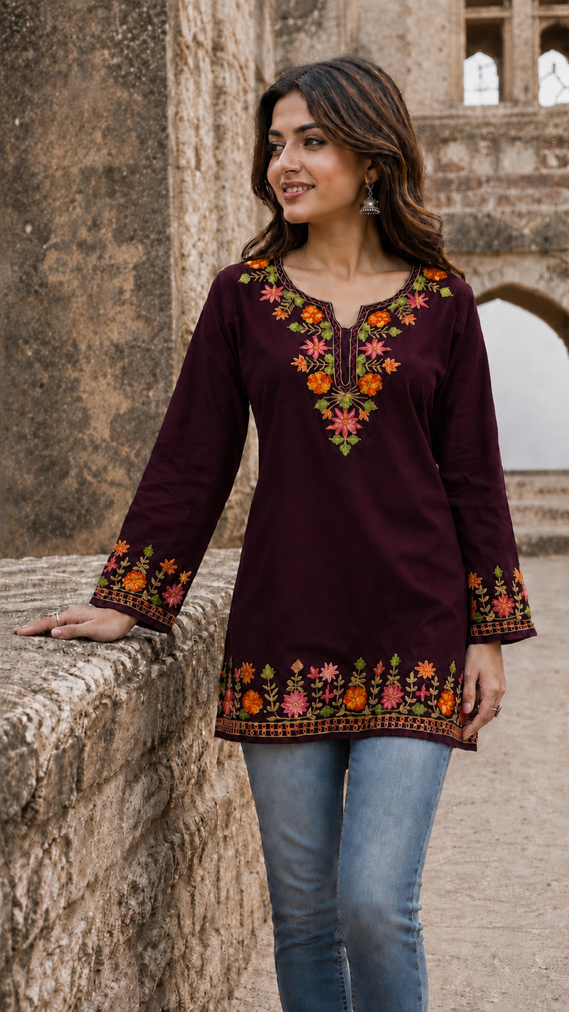 Mehendi Green Floral Embroidered Short Kurti for Women