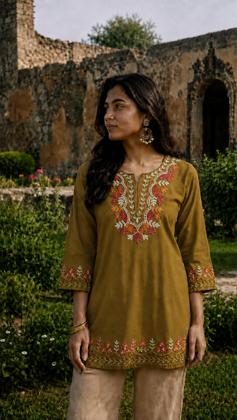 Bottle Green Multicolour Floral Embroidered Short Kurti for Women