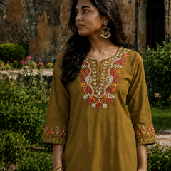 Bottle Green Multicolour Floral Embroidered Short Kurti for Women