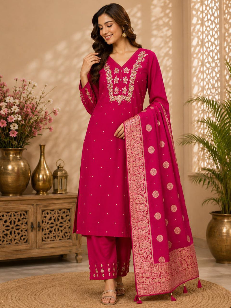 Women’s Royal Purple Embroidered Kurta Pant Set with Banarasi Dupatta | Festive Ethnic Suit