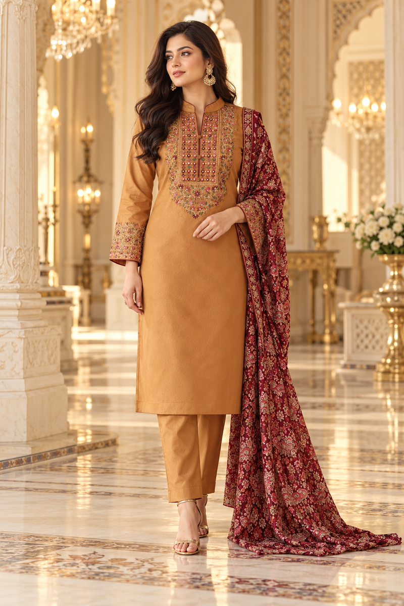 Corduroy Camel Mustard Kashmiri Embroidered Kurta Pant with Maroon Printed Shawl Set