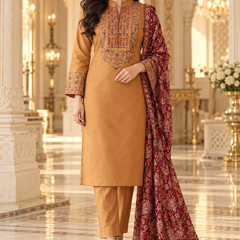 Corduroy Camel Mustard Kashmiri Embroidered Kurta Pant with Maroon Printed Shawl Set