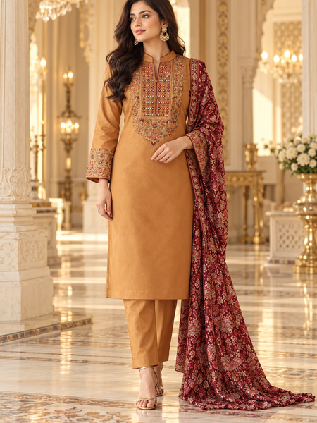 Corduroy Camel Mustard Kashmiri Embroidered Kurta Pant with Maroon Printed Shawl Set